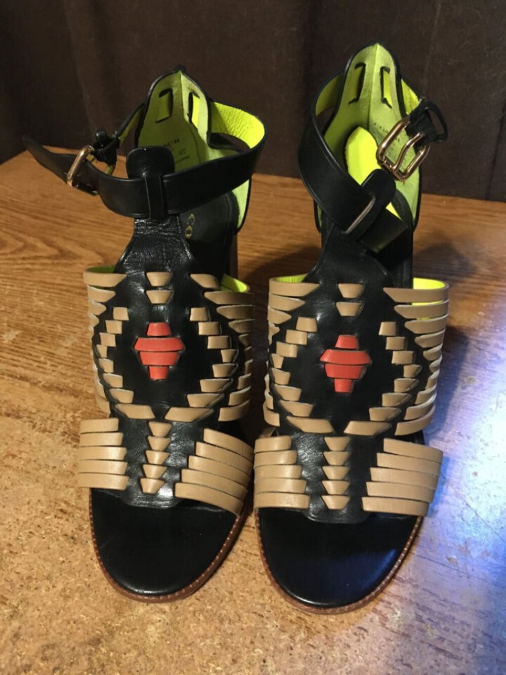 COACH LORRIE WOMENS Q7088/A7852 6.5B MULTICOLOR WOVEN LEATHER T-STRAP HIGH HEELS